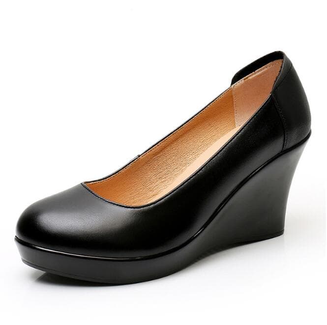 Genuine Leather Women Shoes Casual Wedge Shoes Round Head Shallow Mouth Comfort Women Shoes Lady Platform High Heel Shoes 33-43 35