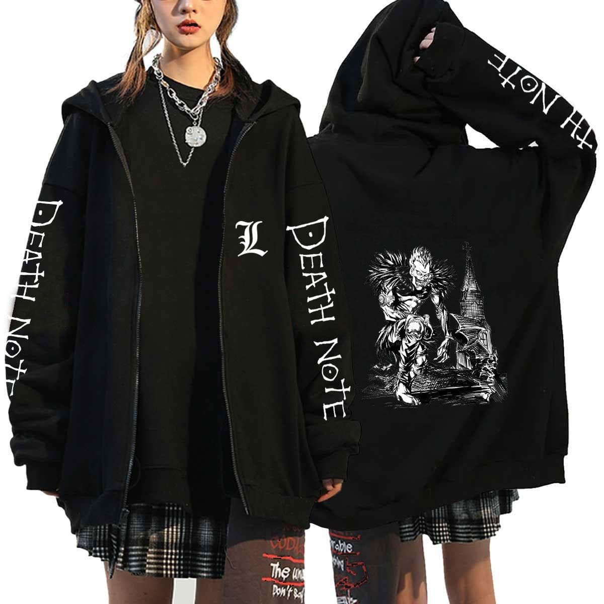 Death Note Harajuku Anime Zipper Coats Hoodies Mens Jackets Casual Loose Hooded Zip Up Manga L Lawliet Print Tops Sweatshirt Unisex Couple Streetwear XXL