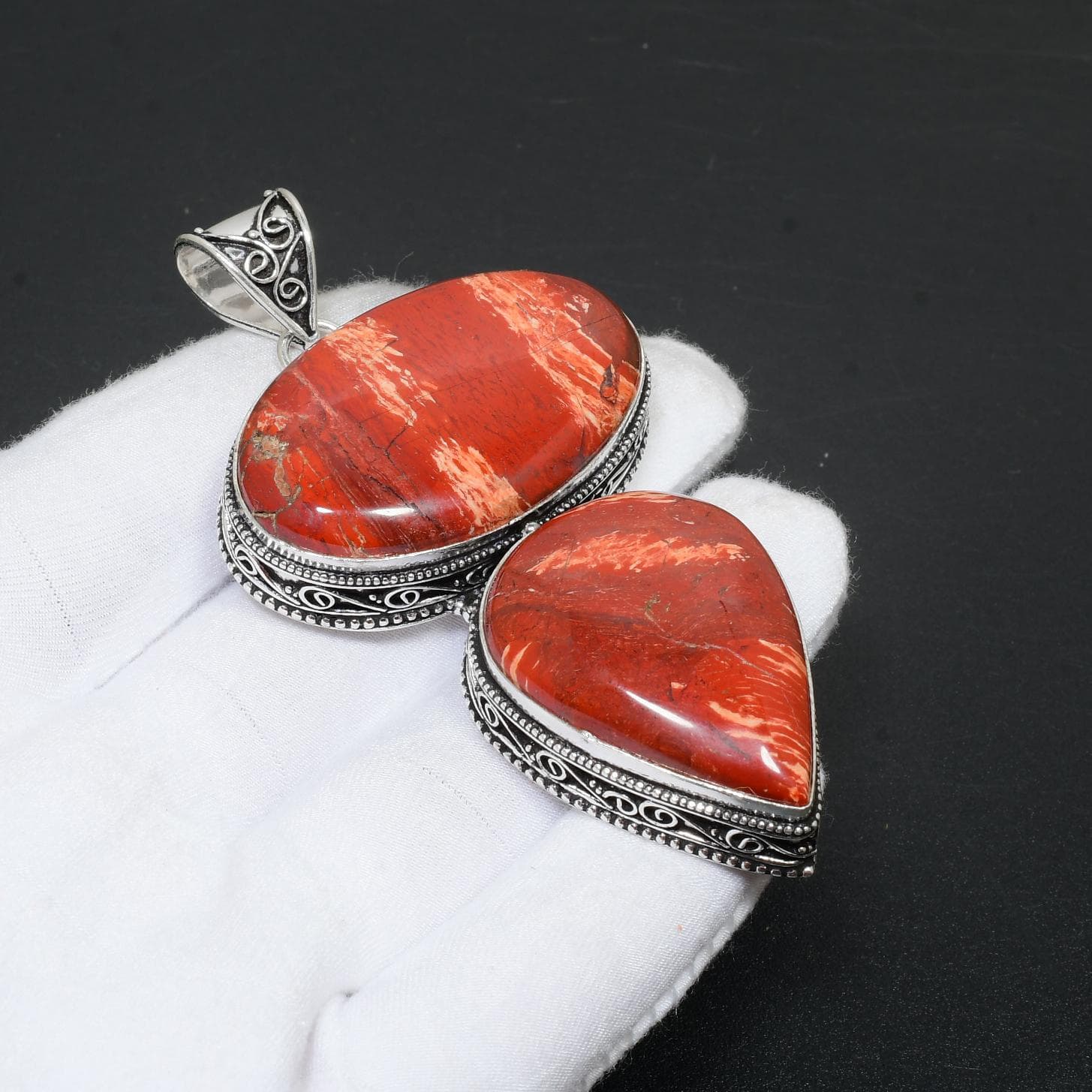 Snakeskin Jasper Gemstone Handmade 925 Sterling Silver Jewelry Pendant Double Stone Antique Pendant Natural Snakeskin Jasper Pendant For Gifts 2.95" red