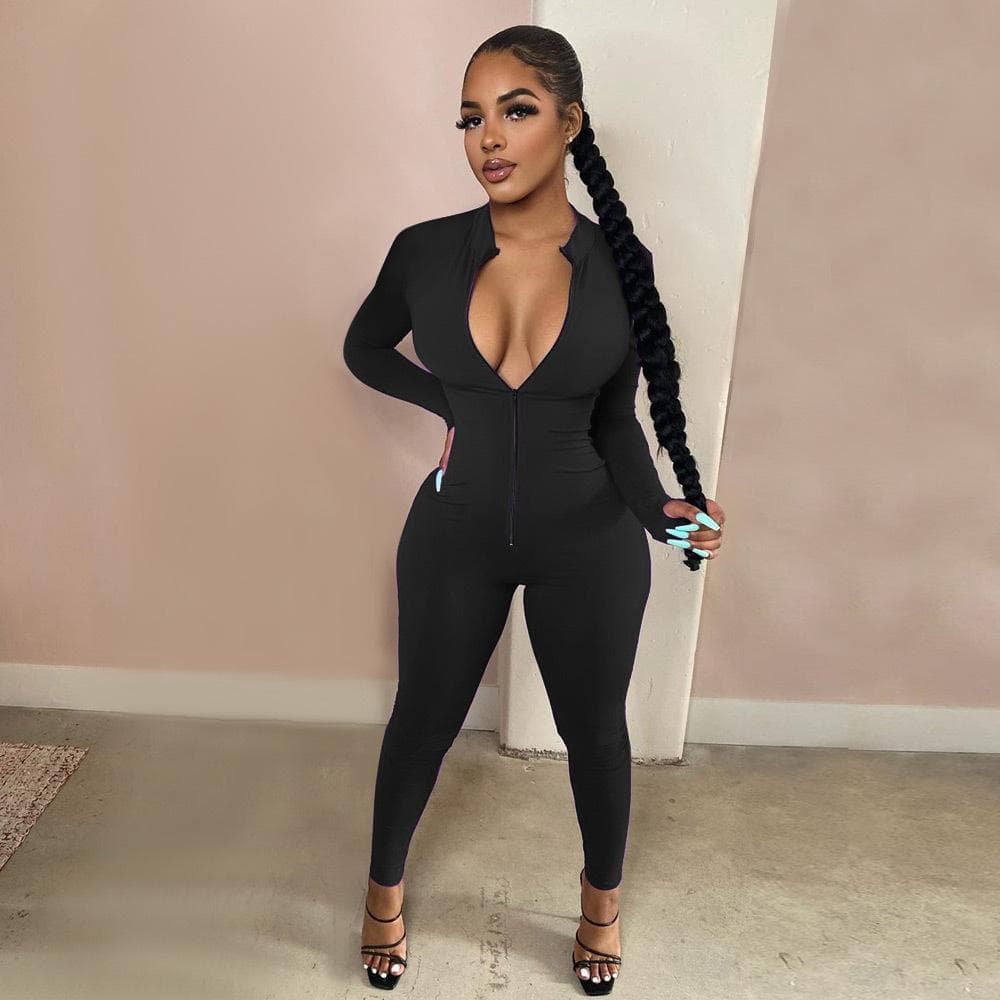 Workout Active Wear Solid Color Rompers Womens Jumpsuit Sporty Long Sleeve Fitness Clubwear Zipper Party Jumpsuits Bodycon XXXL