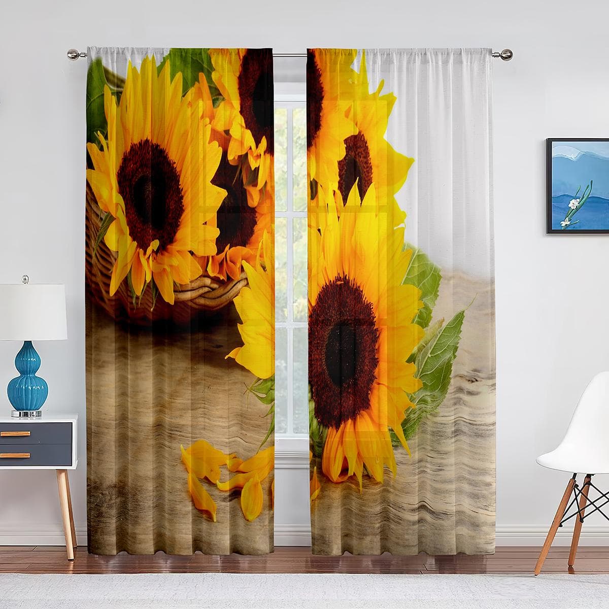 Sunflower Sheer Voile Curtain Yellow Flowers Floral Field Plants Tulle Curtains for Living Room Bedroom Kitchen Blinds Drapes 1 PCS W100XH250cm&Grommet Top