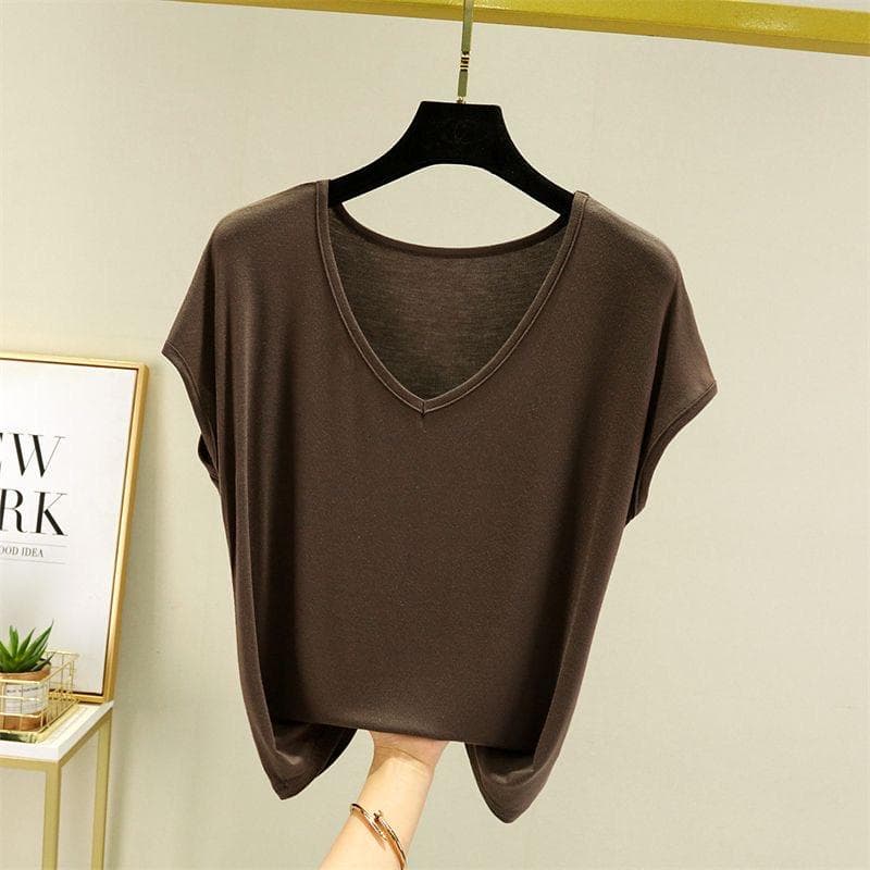 Women Summer Solid V Neck Basic T Shirt Modal Loose Tee Tops Casual Undershirt M dark khaki