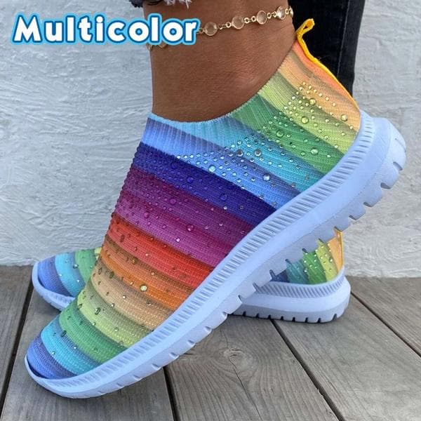 Fashionable Women's Lightweight Breathable Mesh Elastic Casual Shoes Striped Rainbow Rhinestone Shoes 40 multicolour