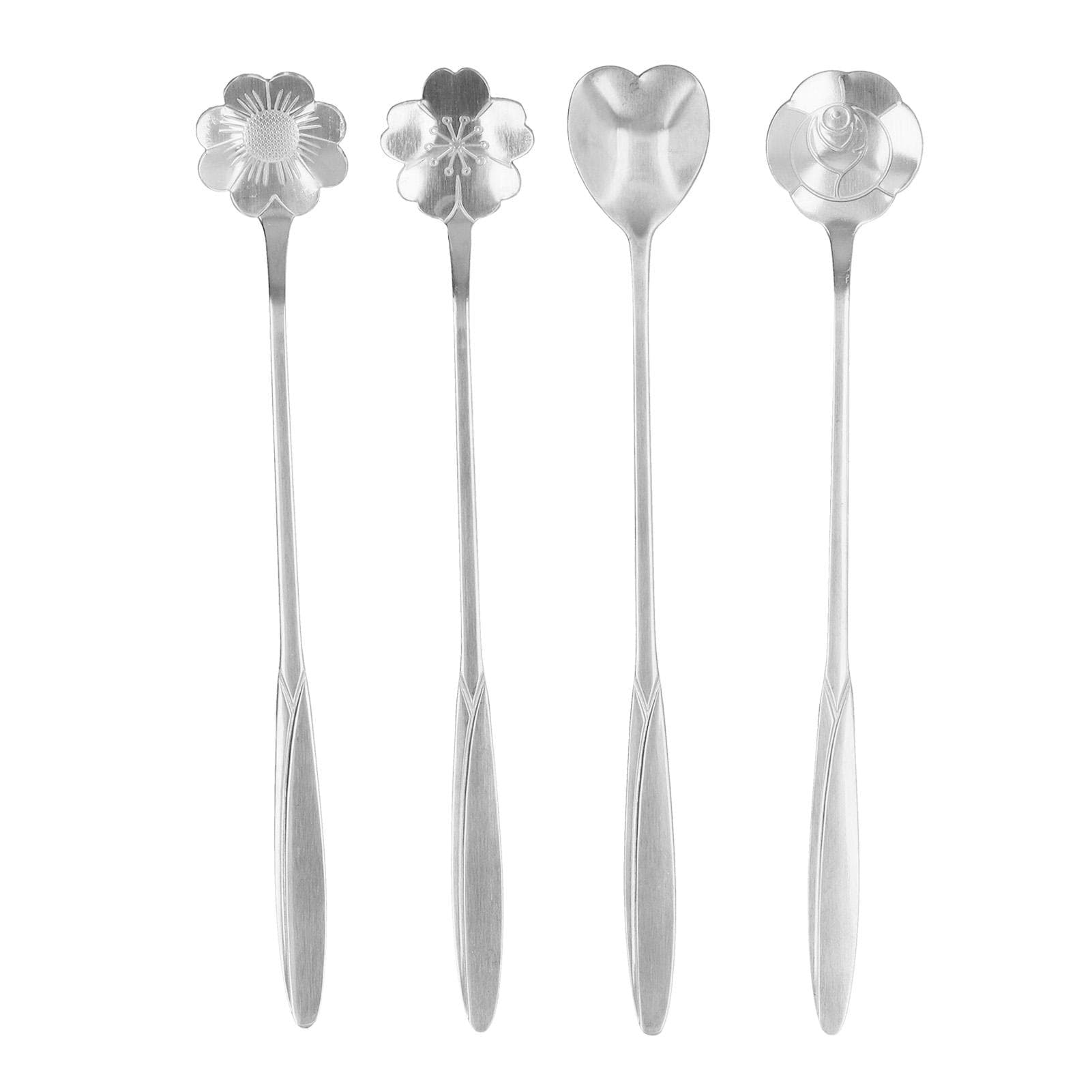 4PCS Mixing Spoon Flower Heart Shaped Coffee Spoon Stainless Steel Desert Scoop Ice Tea SpoonRose silver