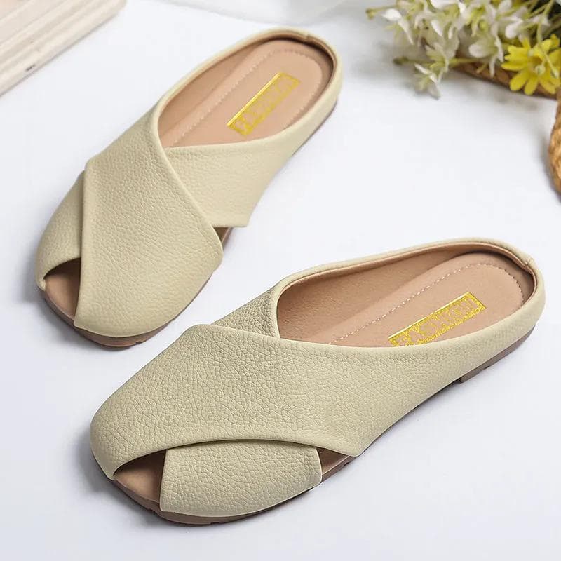 WTEMPO Fashion Slippers Women's Summer Soft Leather Solid Outdoor Knitted Hollow Breathable Slippers Flat Heel Soft Sole Comfort Low Heel Beach Shoes 36 yellow