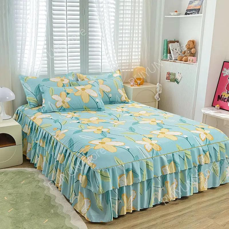 Double Layers Bed Skirt Non-slip Mattress Cover Protector Flower Printed Princess Bed Skirt Bedspread Bed Cover Bedsheet Decor 1pc Skirt 120x200cm