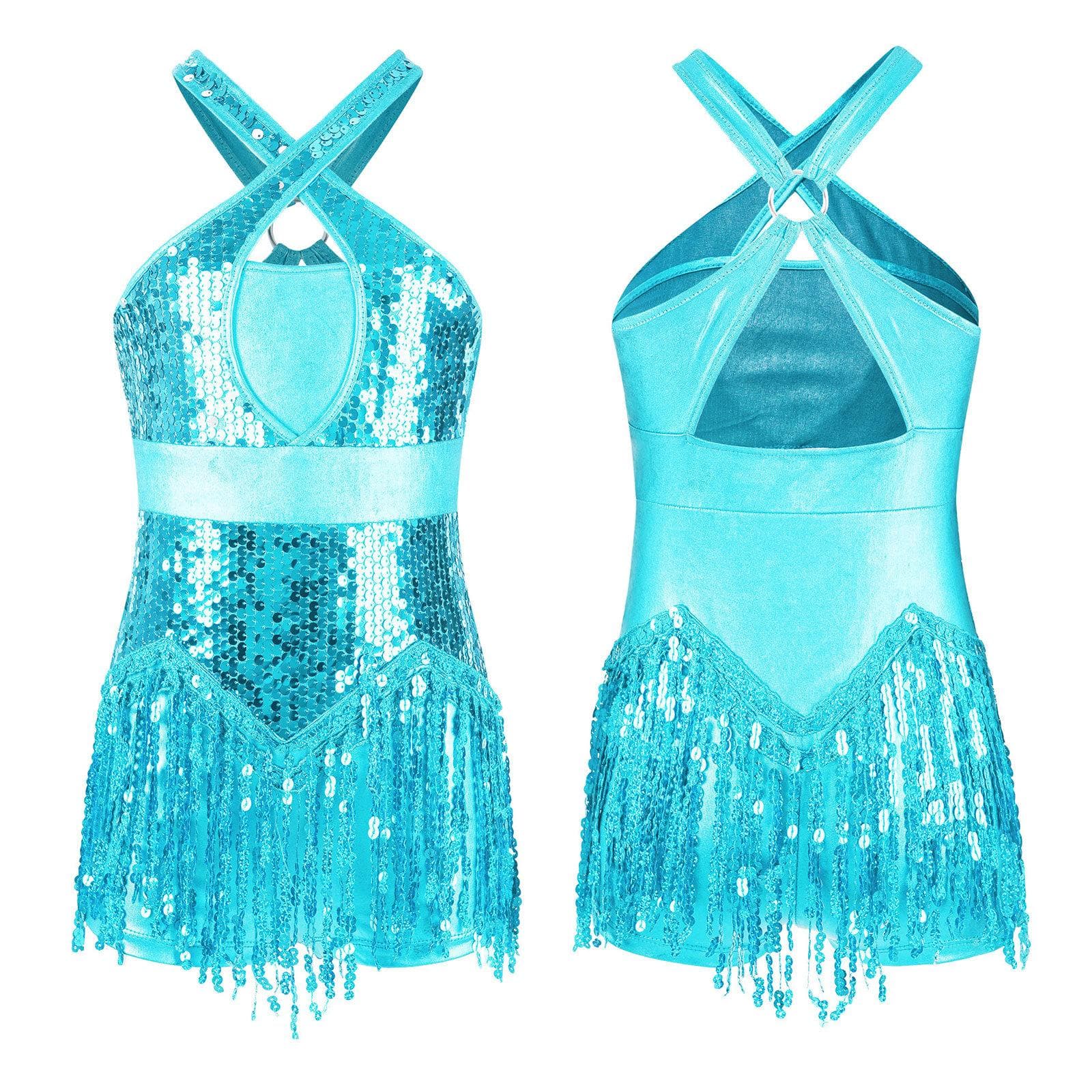 Kids Girls Cha-Cha Latin Dance Fringed Bodysuit Sparkly Sequins Tassel Leotard Performance Costume Tango Dancing Jazz Dancewear 13-14 Years sky blue