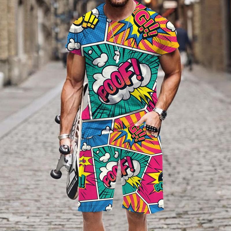 Summer Men's T-Shirt Set Hip Hop Funny Short Sleeve T-Shirt Shorts 2-piece Tracksuit Colorful Casual Sports Suit Unisex Clothing S