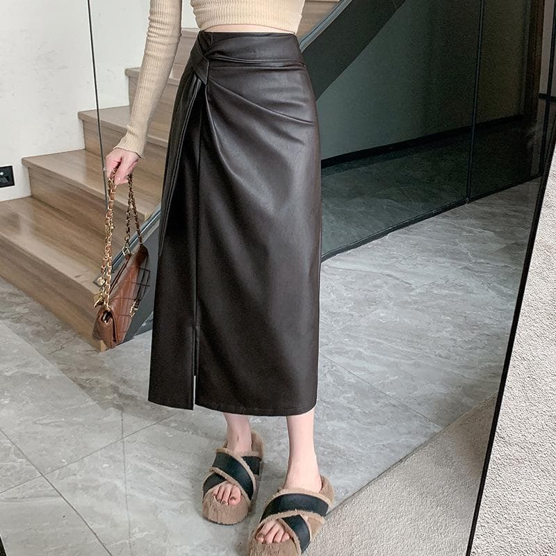 Korean Style High Waist Slim A-line Skirt Women's Slit Medium-length Straight Hip Pu Leather Skirt 4XL
