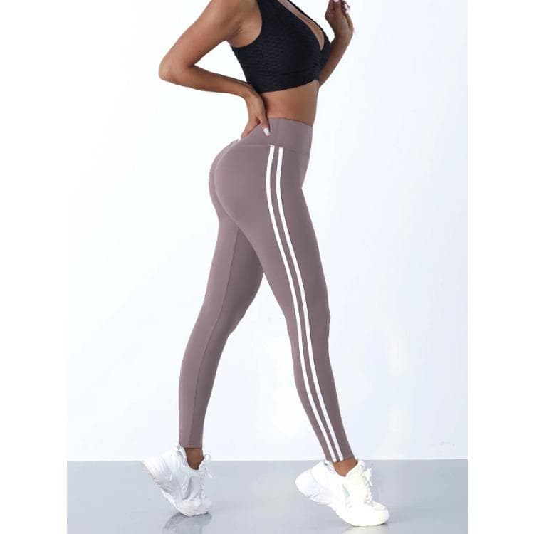 Yoga Leggings Women Striped Slim Sports Pants High Waist Hip Liftting Casul Tights Workout Running Stretchy Gym Leggings S khaki