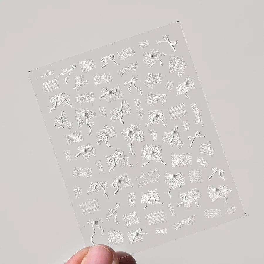 White Lace Bowknot With Simulation Pearl Zircon Nail Stickers Embossing Self Adhesive Nail Art Decals Manicure Accessories pearl