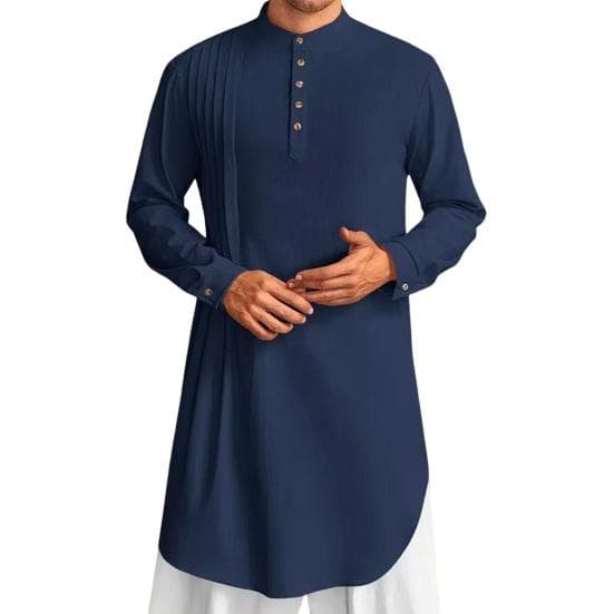Men's Cotton Linen Kaftan Long Sleeve O-Neck Robe Solid Color Button-up Collar Thobe Breathable Arabic Clothing for Prayers Casual Wear M navy blue