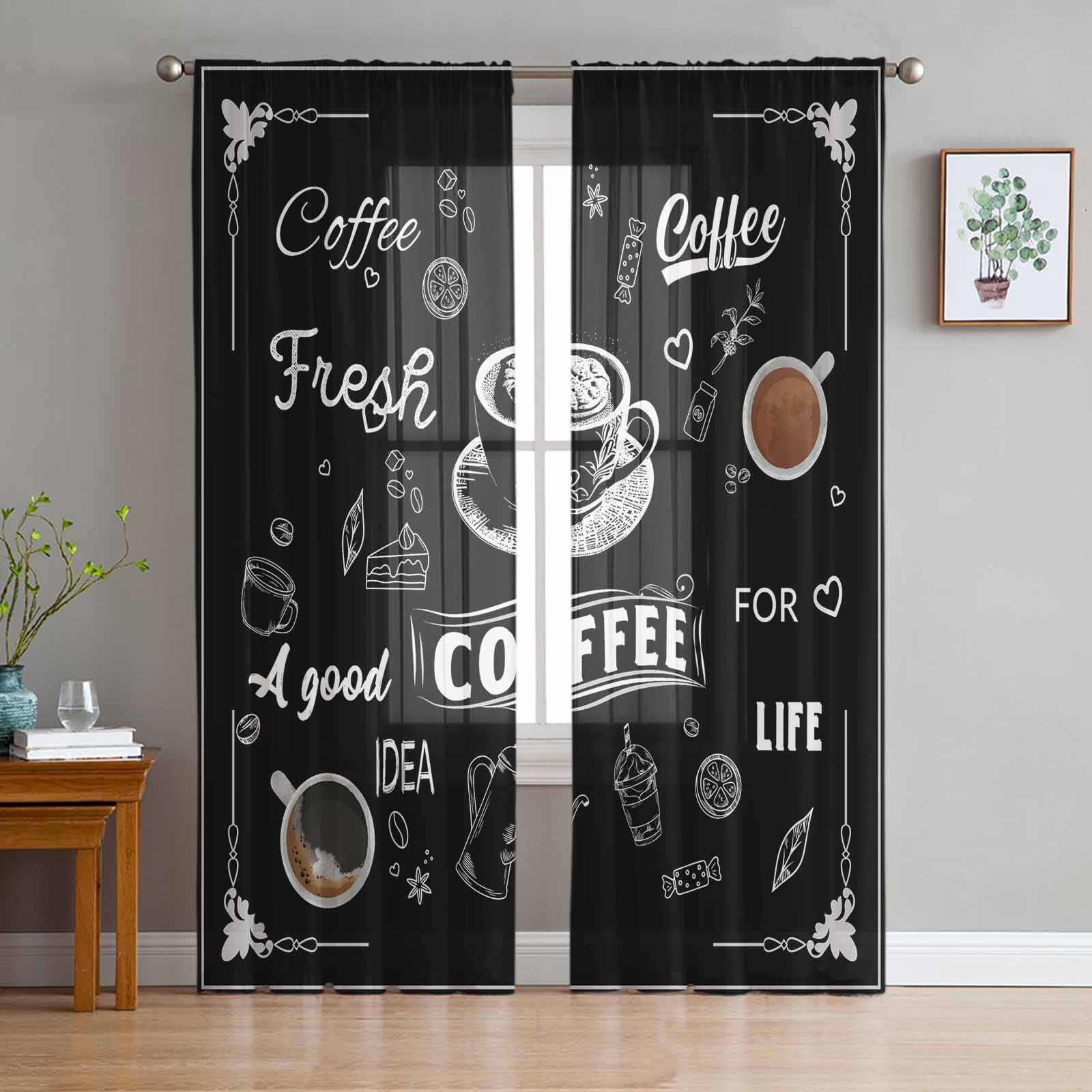 Coffee Beans Casual Black Window Tulle Curtains for Living Room Bedroom Hotel Luxury Decoration Sheer Curtains 135W x 114H(cm)