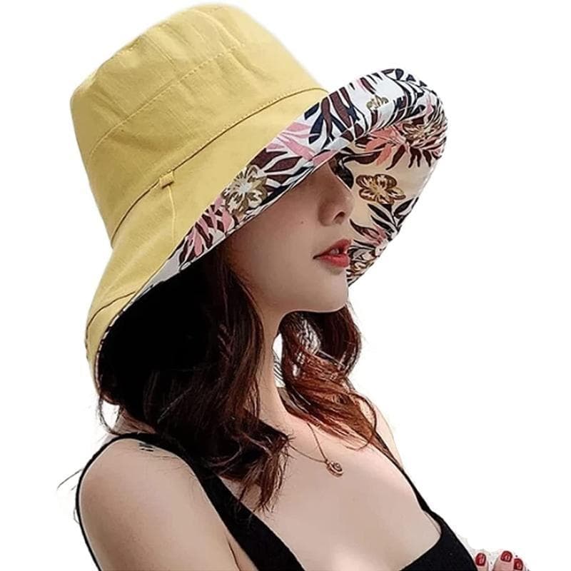 Wide Brim Cotton Summer Hat Women Packable Reversible Floral Bucket Hat UV Sun Protection Wide Brim Summer Beach Cap Double sided Floppy Sun Hats yellow