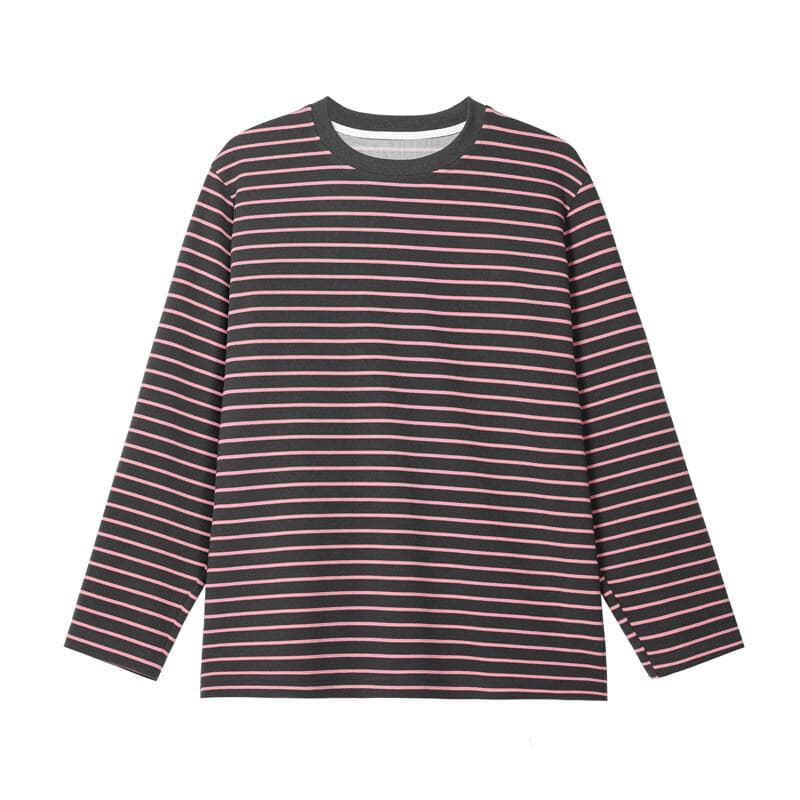 Spring Autumn Men's O-Neck Striped T-Shirt Fashion Loose Streetwear Pull On Tshirt Men Long Sleeve Casual Tees Tops Plus Size 2XL pink