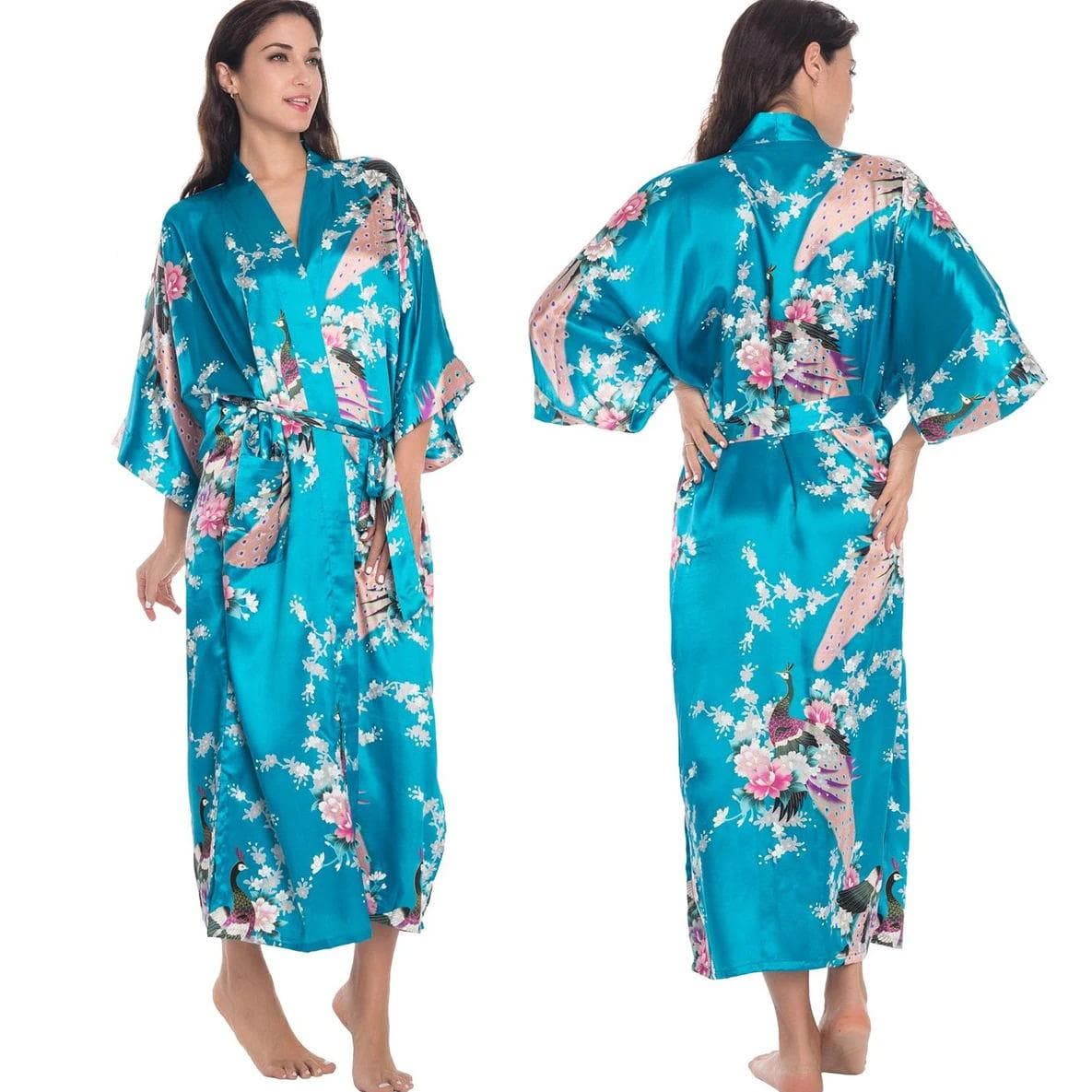 Chinese Style Print Women Long Robe Nightgown Retro Satin Sleepwear Nightdress Half Sleeve Kimono Bathrobe Gown Loose Home Wear One size