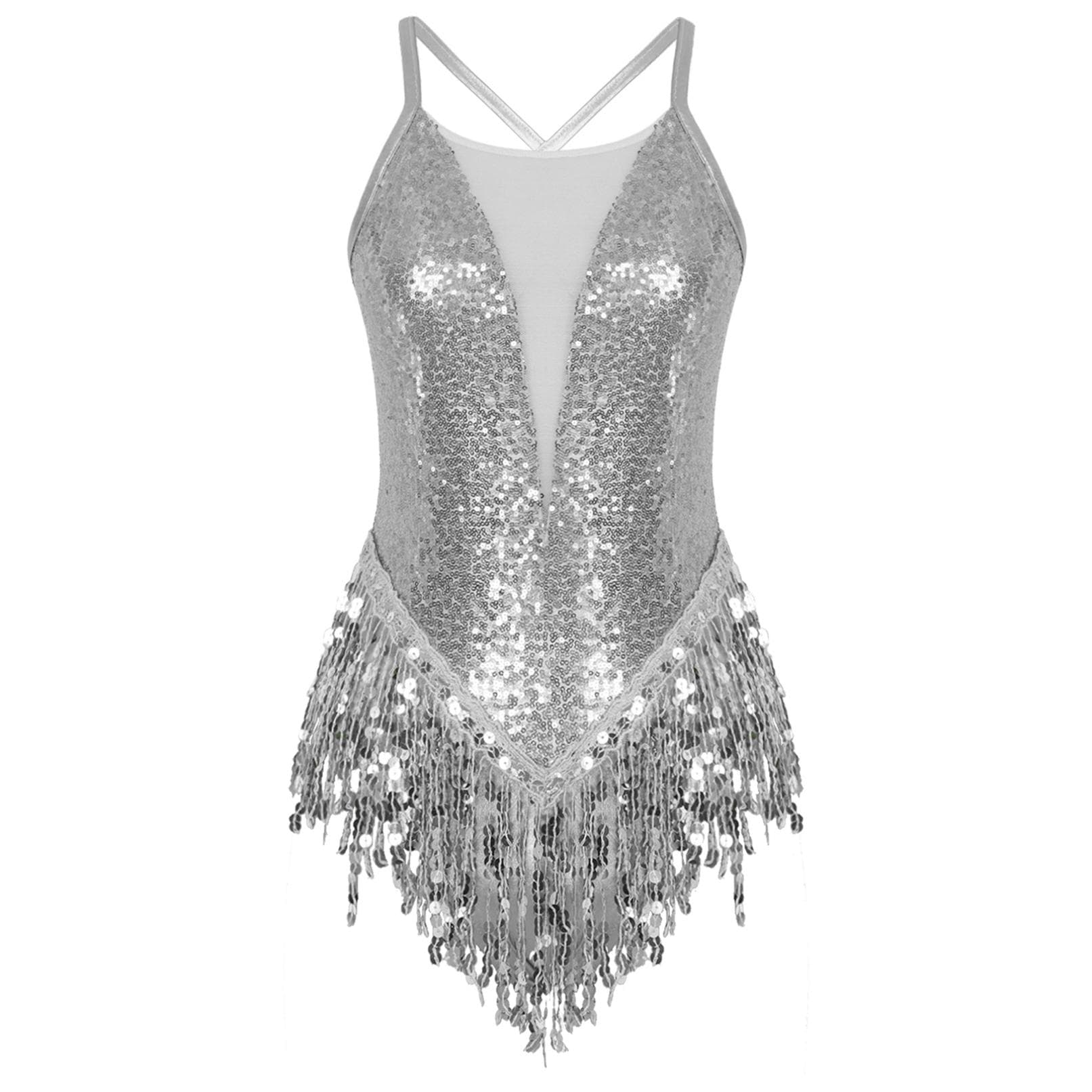 Women Dance Dress Sparkling Sequins Fringed Leotard Latin Salsa Ballroom Dancing Bodysuit XXL silver