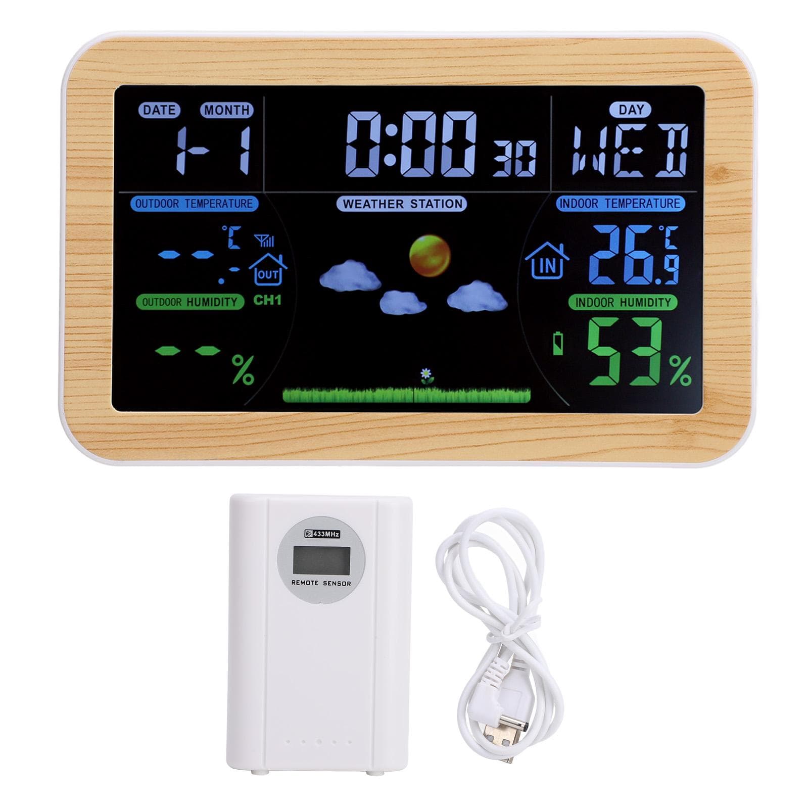 LCD Weather Clock Indoor Outdoor Temperature Humidity Monitor 24 Hour Weather Forecast for Garage