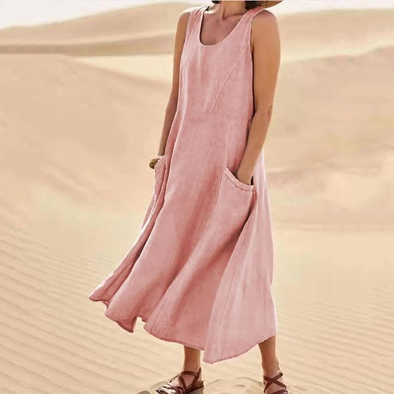 Vintage Cotton Linen Long Dresses for Women Summer Solid Color Sleeveless Maxi Dress Pocket Loose Tank Dress Plus Size 5XL S