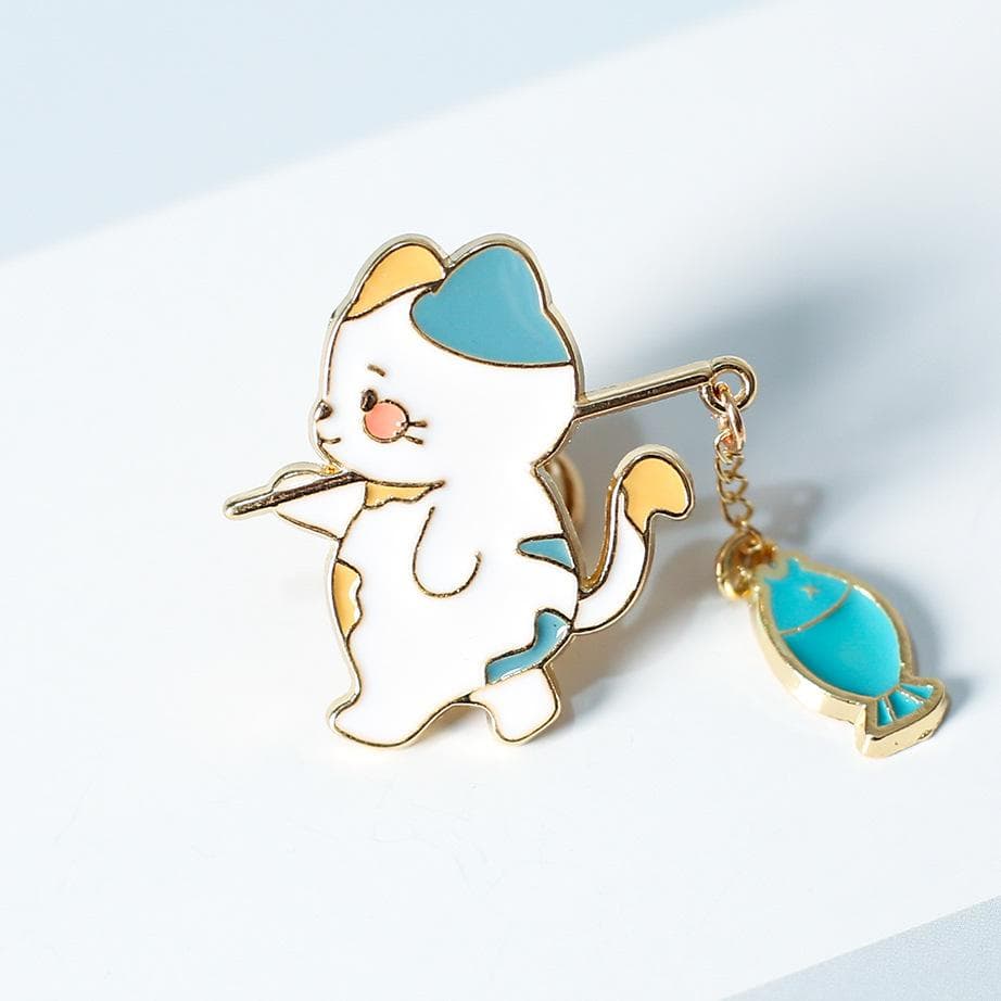 New Fashion Creative Cat Fishing Design Metal Enamel Brooch Cartoon Cute Animal Badge Pin Best Friend Gift Jewelry Accessories