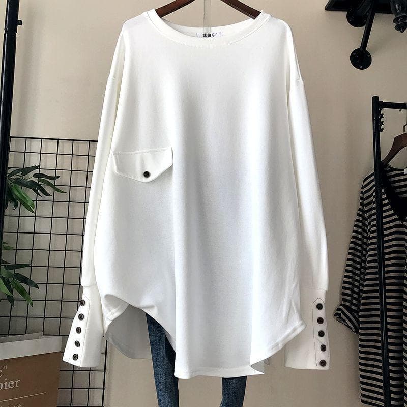 Irregular Mid-length Tops for Women Large Size Loose Long Sleeve T-shirt XL white