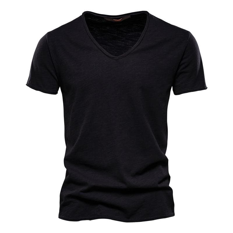 AIOPESON Summer 100% Cotton Elasticity T Shirt Men Casual Soft Fitness Shirt Men T Shirt Tops Tee Shirts V-Neck Short Sleeve Tshirt Men M black