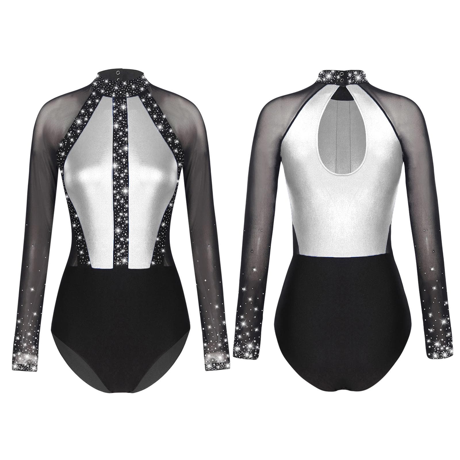 Women's Rhinestone Ballet Gymnastics Dance Leotard Bodysuit Long Sleeve Figure Skating Dance Costume XXL dark gray