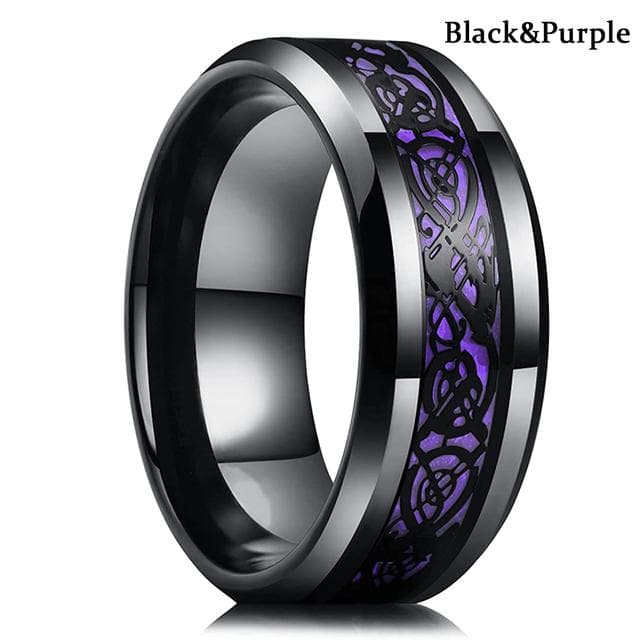 Fashion 8mm Men Red Groove Beveled Edge Stainless Steel Celtic Dragon Ring Zircon Inlay Red Carbon Fibre Ring Men Wedding Band 13