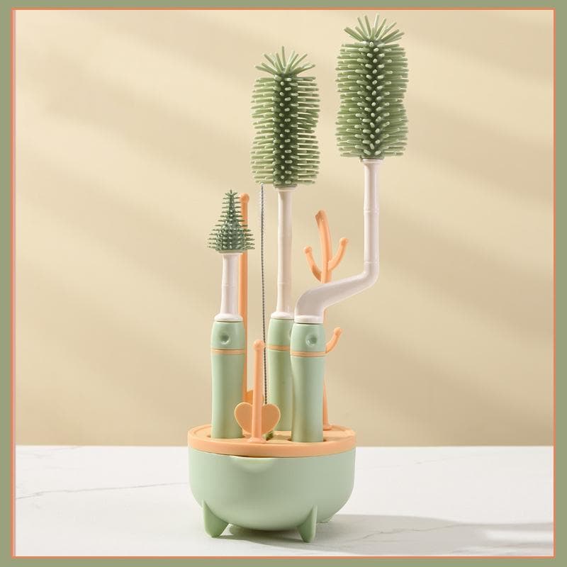 Baby Silicone Bottle Brush Long Handle Cleaning Brush Drying Rack Combination 360-degree Rotating Cleaning Bottle Brush Set green