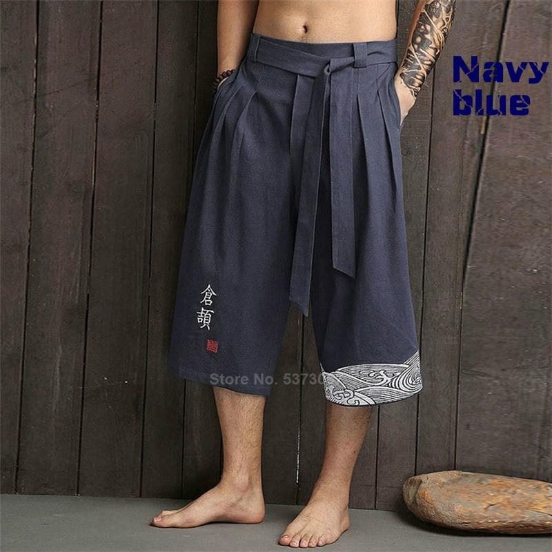 Traditional Kimono Haori Pants Clothing for Samurai Man Summer Thin Breathable Loose Yukata Cropped Trousers 2XL navy blue