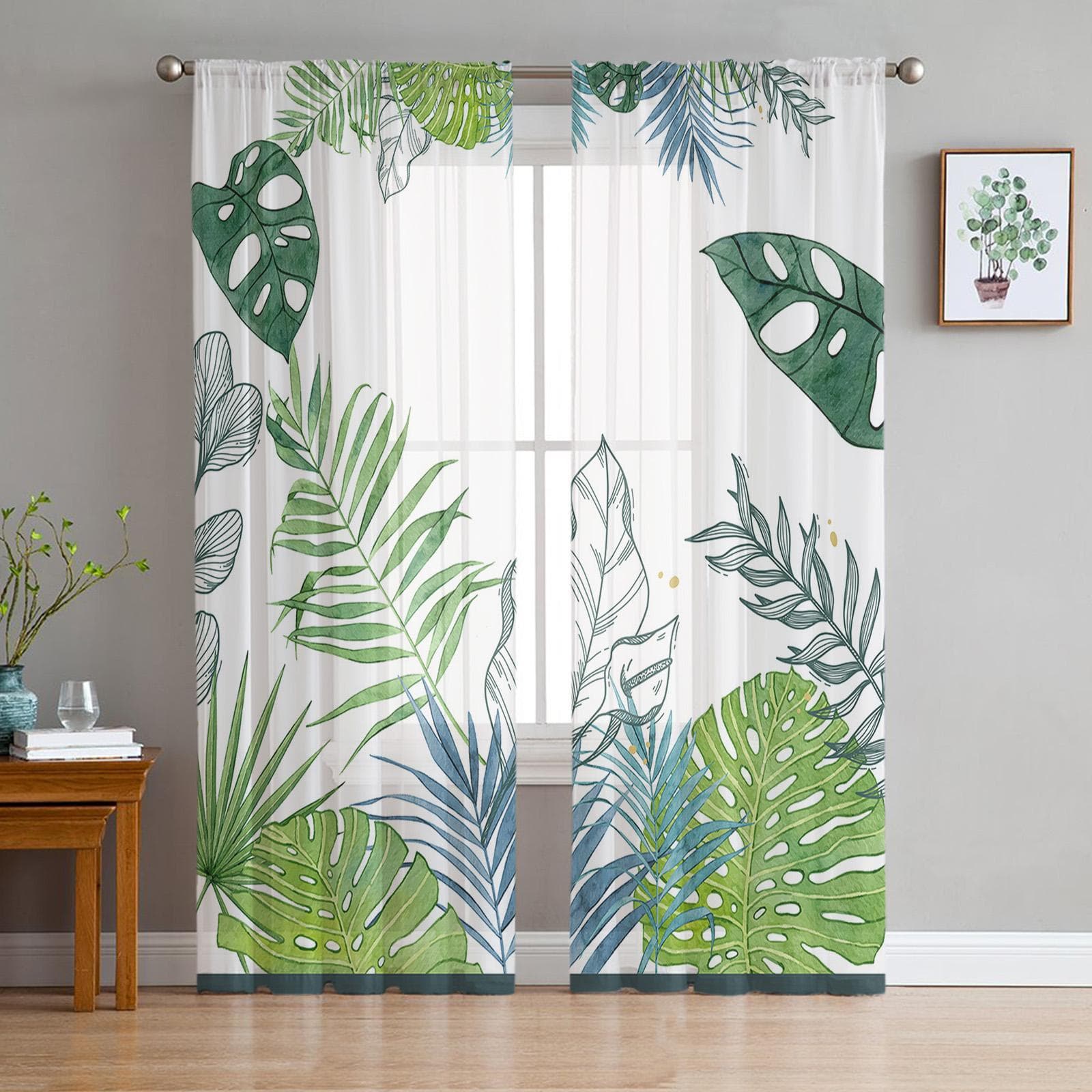 Floral Plants Tropical Plants Green Leaves Sheer Window Curtain Tulle Curtains for Livingroom Bedroom Home Decor Voile Drapes 135W x 114H(cm)