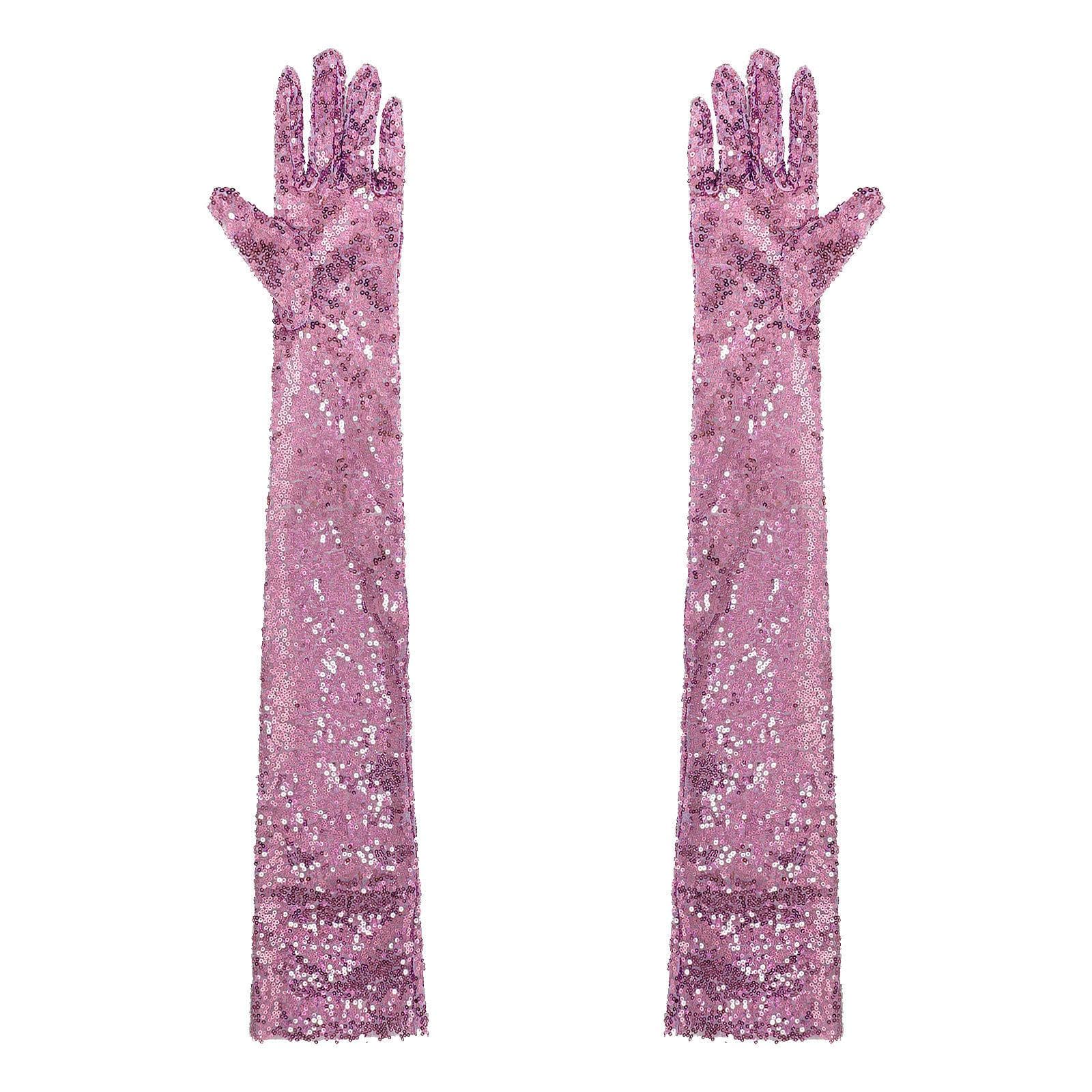 Womens Shiny Sequin Mesh Long Gloves Elbow Length Vintage Long Gloves for Opera Evening One Size pink
