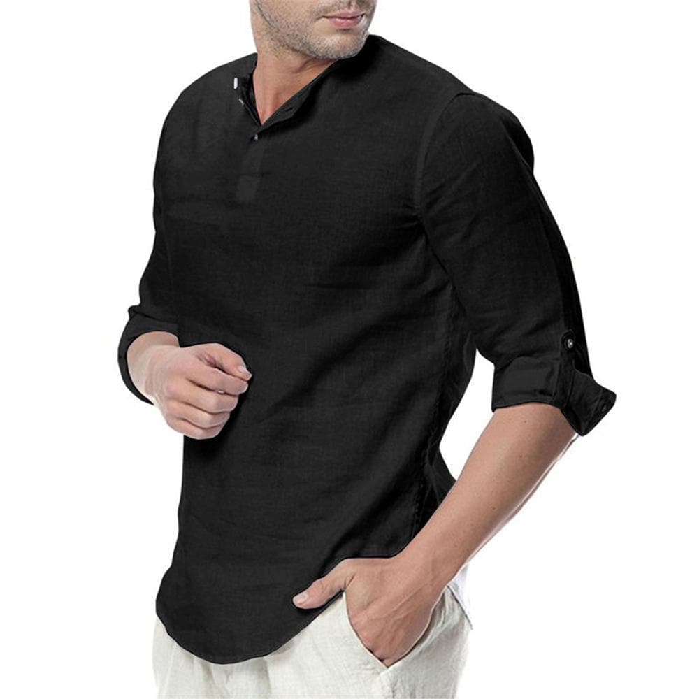 Men's Stand-up Collar Cotton Linen Long-sleeved Shirt XXXL black