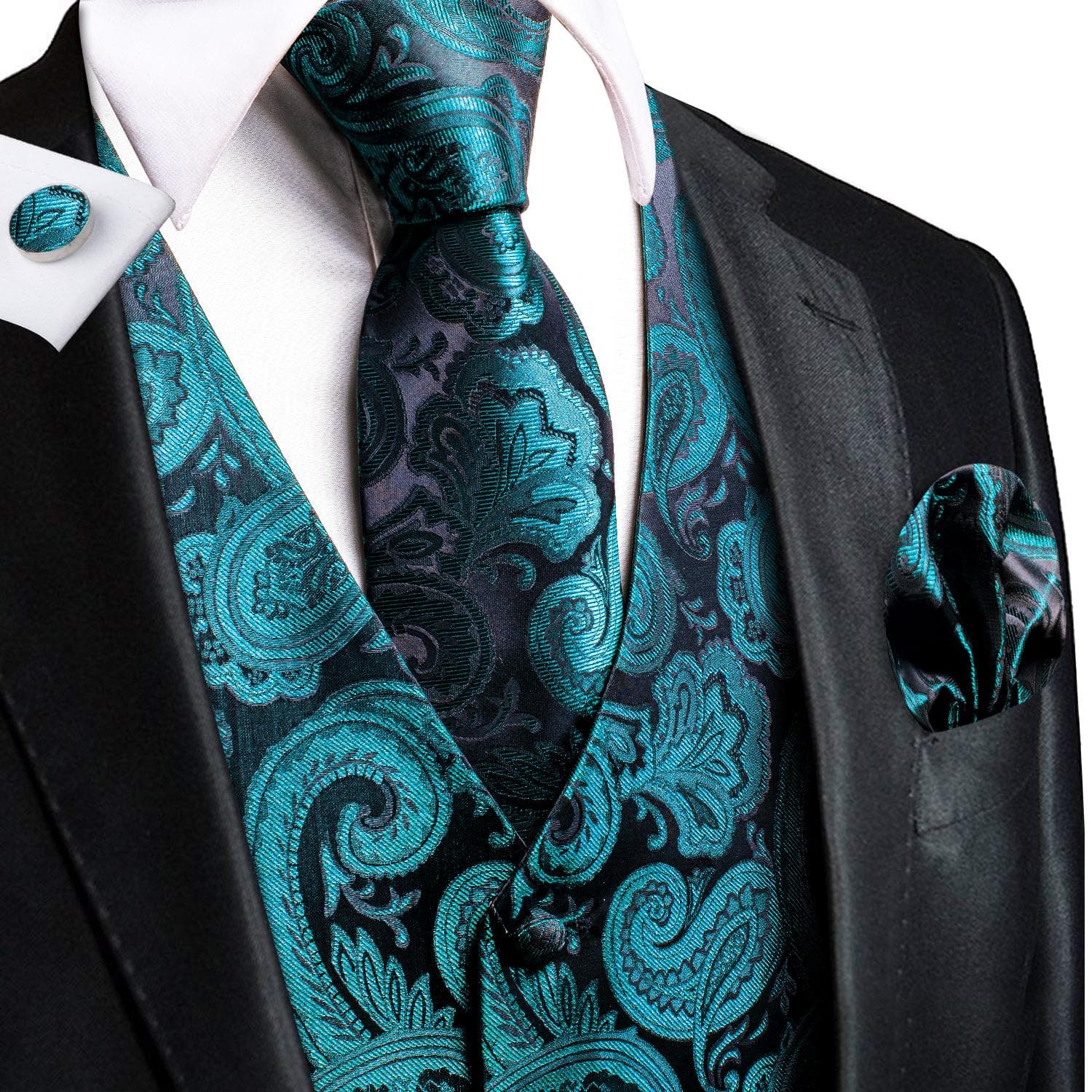 Hi-Tie Tuxedo waistcoat for Men Suit Vest Necktie Handkerchief Cufflinks Set for Wedding Business M