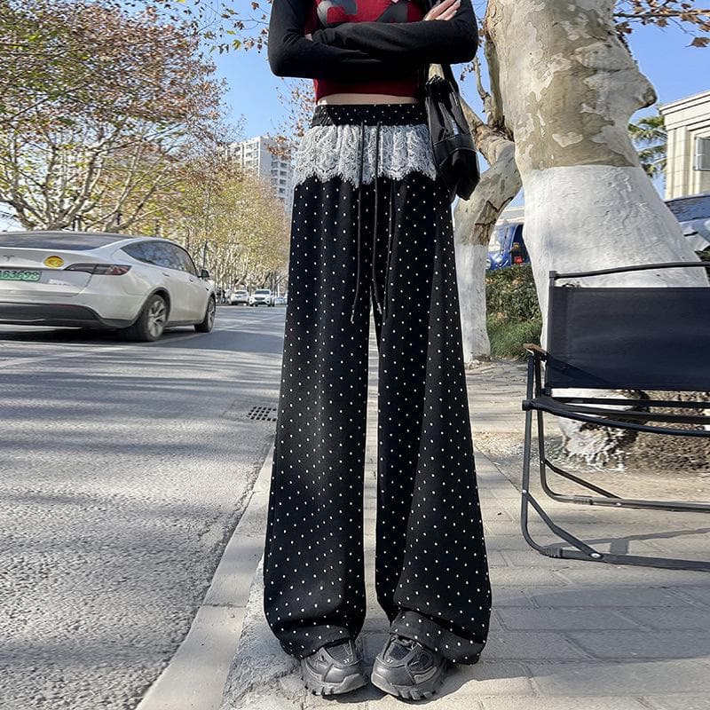 Polka Dot Wide-leg Pants Women's Spring Elastic Waist Drape Loose Straight Casual Pants L black