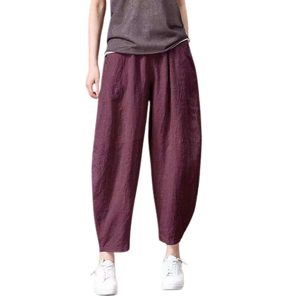 Women Summer Pants Elastic High Waist Wide Leg Casual Pants with Pockets Solid Color Loose Fit Thin Trousers M wine red