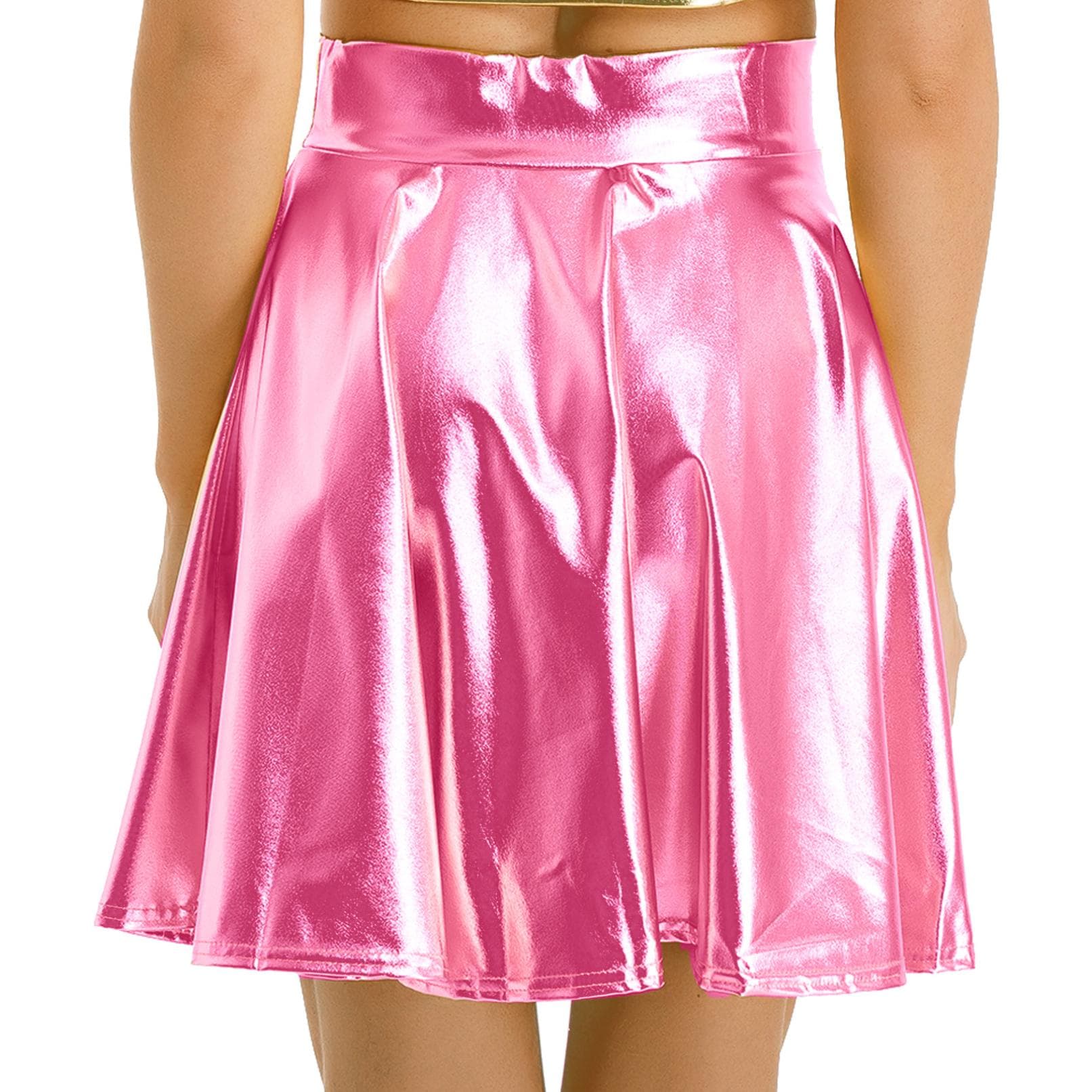 Women's Glossy High Waist Flare Skirt Shiny Metallic Ruffle Costume Party Dancewear XL pink