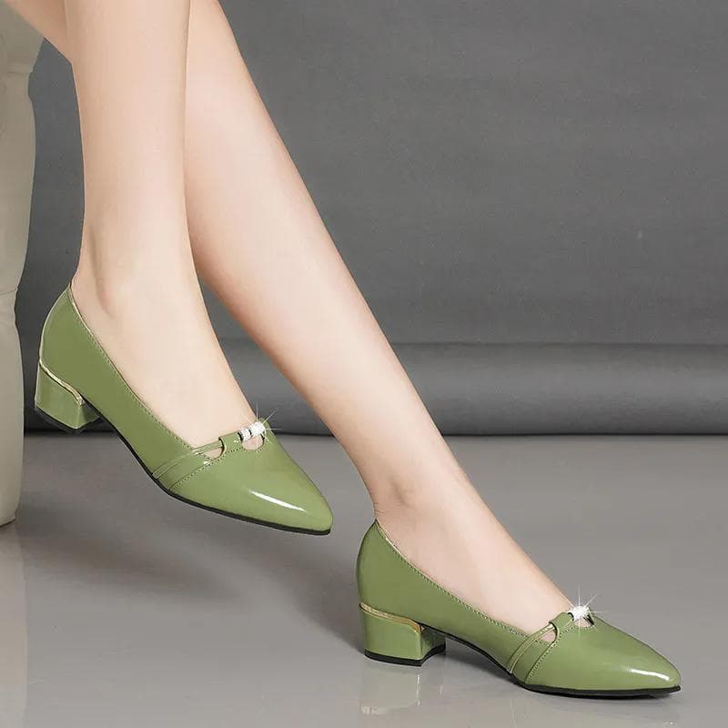 Real Soft Leather Single Shoes Women Spring and Autumn Mesh Breathable Thick Heel Small Leather Shoes British Style Shallow Mouth Work Shoes 39 green