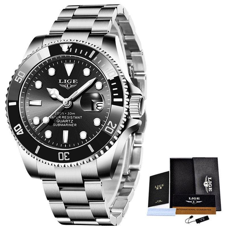 LIGE Top Brand Luxury Fashion Divers Watches Men 30ATM Waterproof Date Watch Sports Watch Men Quartz Wristwatch black/silver