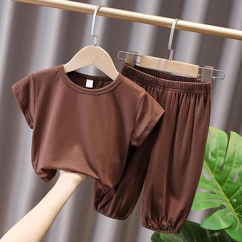 Solid Color Short-sleeved Summer Home Wear Baby Children Simple Half-sleeved Two-piece Set 140 brown