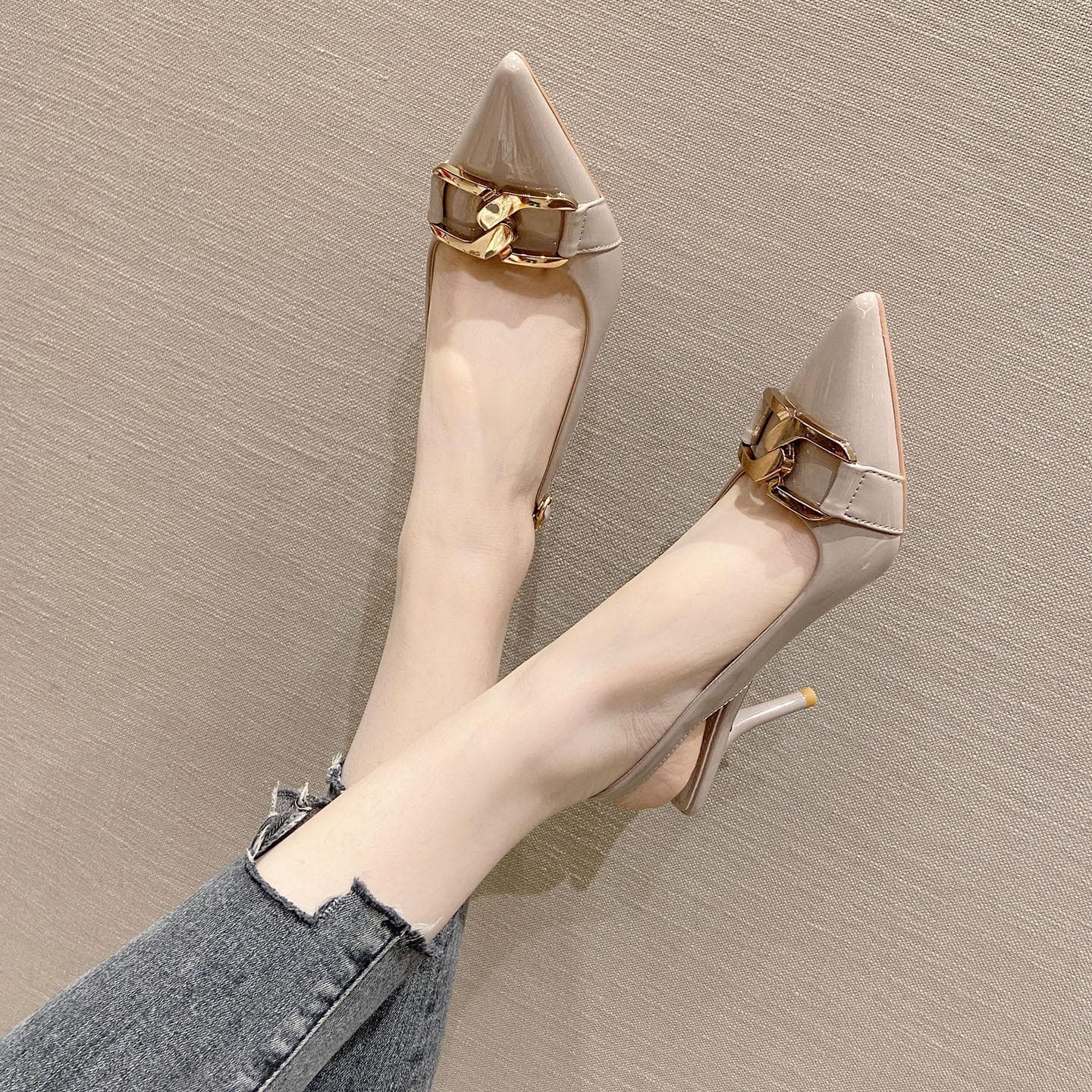 Baotou Back Empty Sandals Female New Korean Version Stiletto High Heels Fairy Style Pointed Single Shoes Female 39