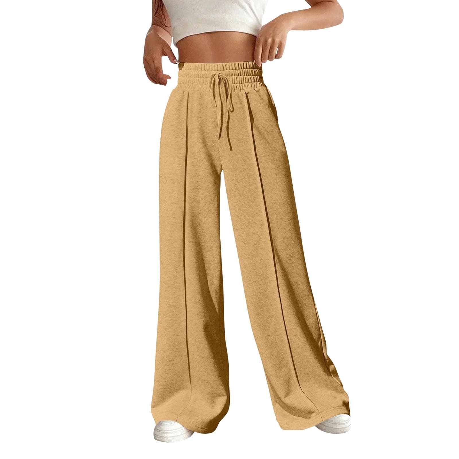 Women's Fashion Solid Colour Drawstring High Waist Wide Leg Pants Casual Sweatpants XL yellow