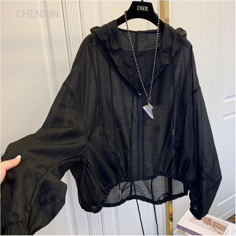 Jackets Women Hooded Summer Sun-proof Zipper Coats Thin Loose See Through Outerwear Breathable Outwear Lightweight Clothes Black XXL black