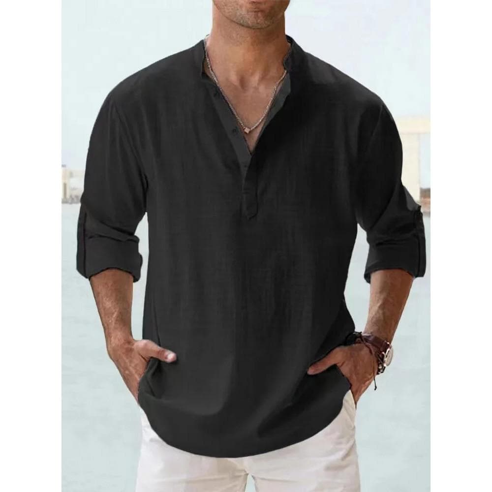 Men's Shirt Cotton and Linen Henley Collar Shirts for Men Casual Hawaiian Vacation Long Sleeve Beach Tops US S 50-60 KG black