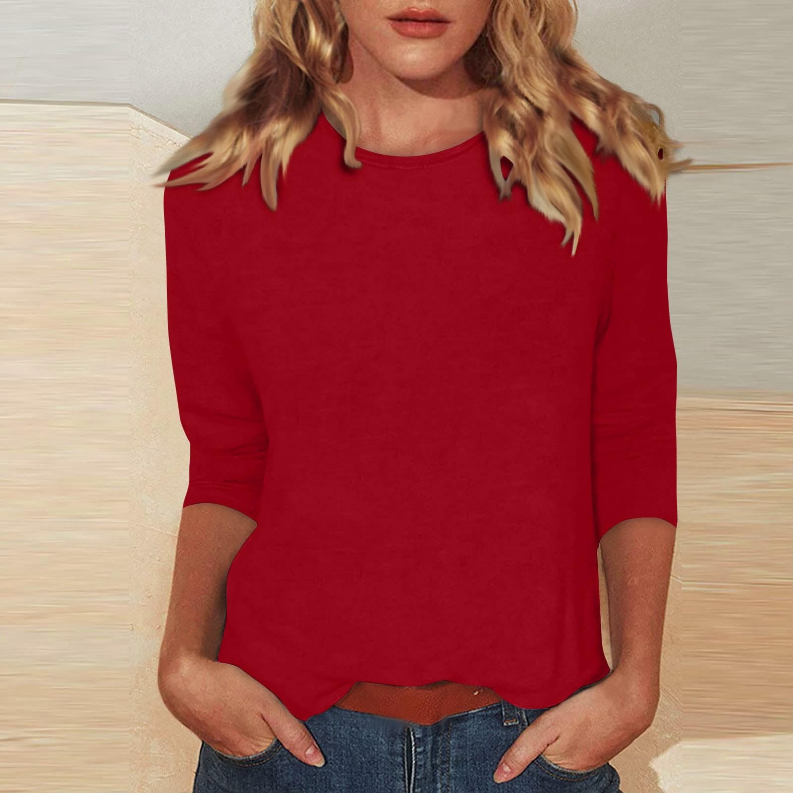 Women's Casual O-Neck Three Quarter Sleeve Solid Color Top S red