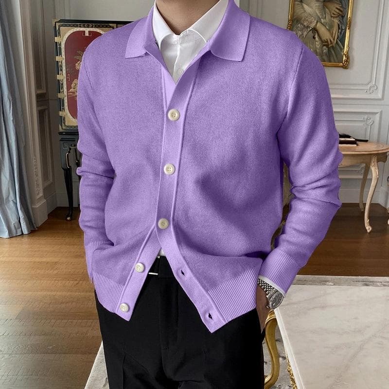 2024 Spring Autumn New Cotton Knitted Cardigan Slim Long Sleeve Button Korean Men's Fashion Lapel Sweater Simple Casual Coat XL purple