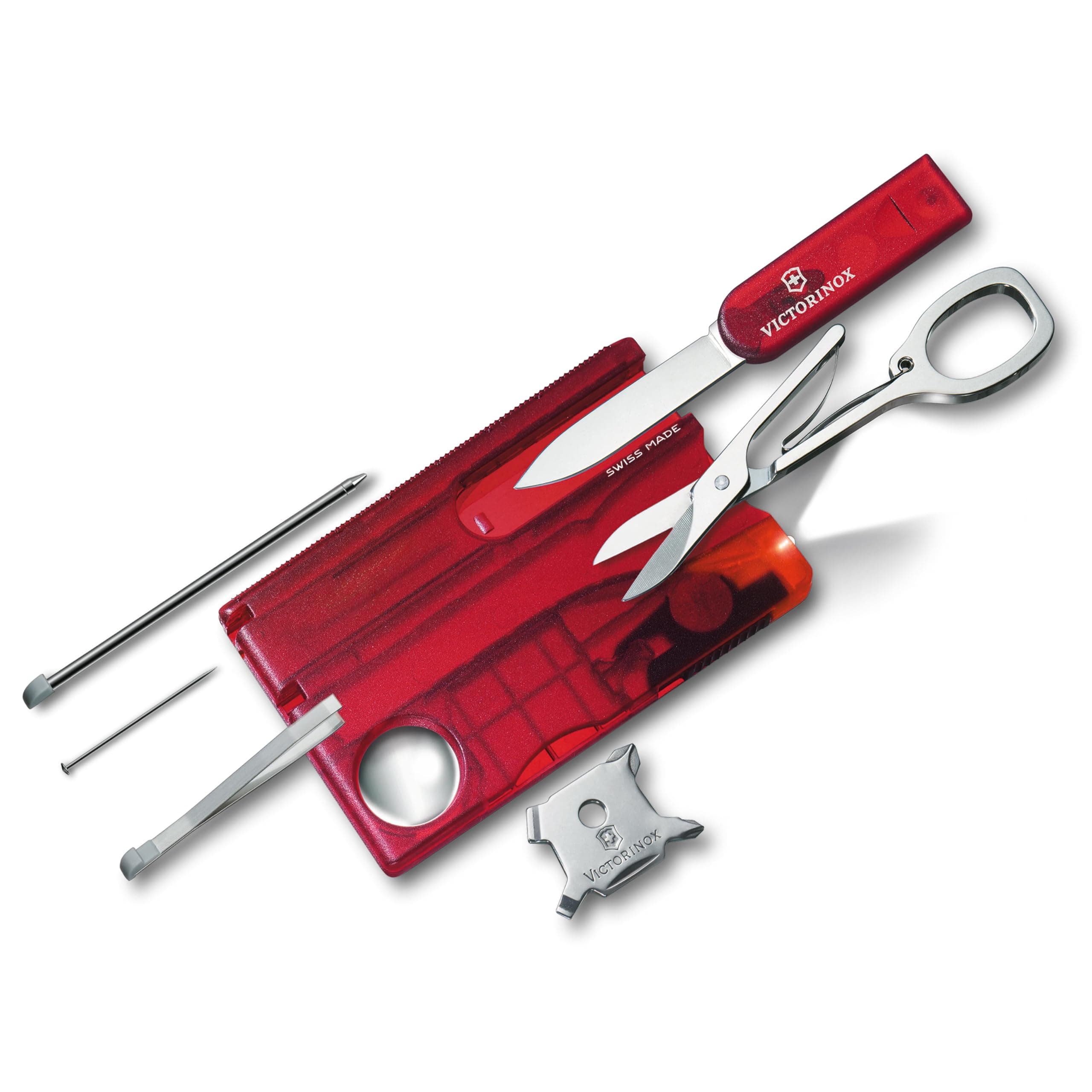 VICTORINOX Swiss Card Light Translucent Red Swiss Army Knife, Multi-Function Stationery, Magnifying Glass, Ballpoint Pen, LED Light, and Phillips Scre