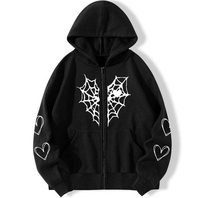 Rhinestone Cobweb Zip Up Oversized Sweatshirt 2023 Autumn Goth Hoodie Men Women Grunge Hooded Jacket Streetwear Y2k Clothing S