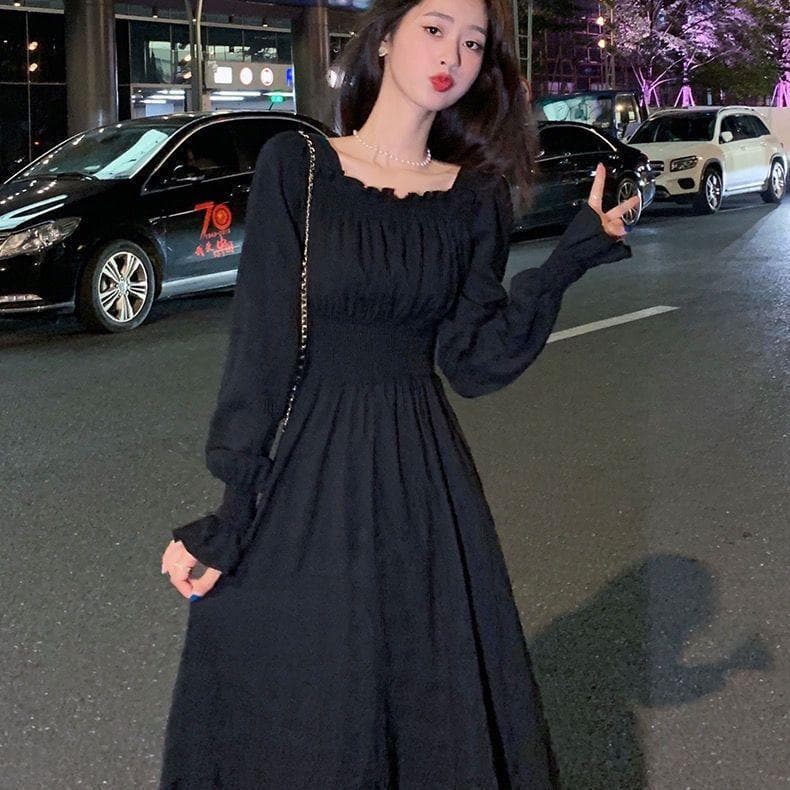 Square Neck White Long Dress Flare Sleeve Waist Wrapped Black Slim A Line Women Versatile Gentle Style Dresses XL