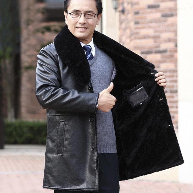Medium and Long Leather Jacket Men's Fleece Thickened Large Fur Collar Removable Winter New S
